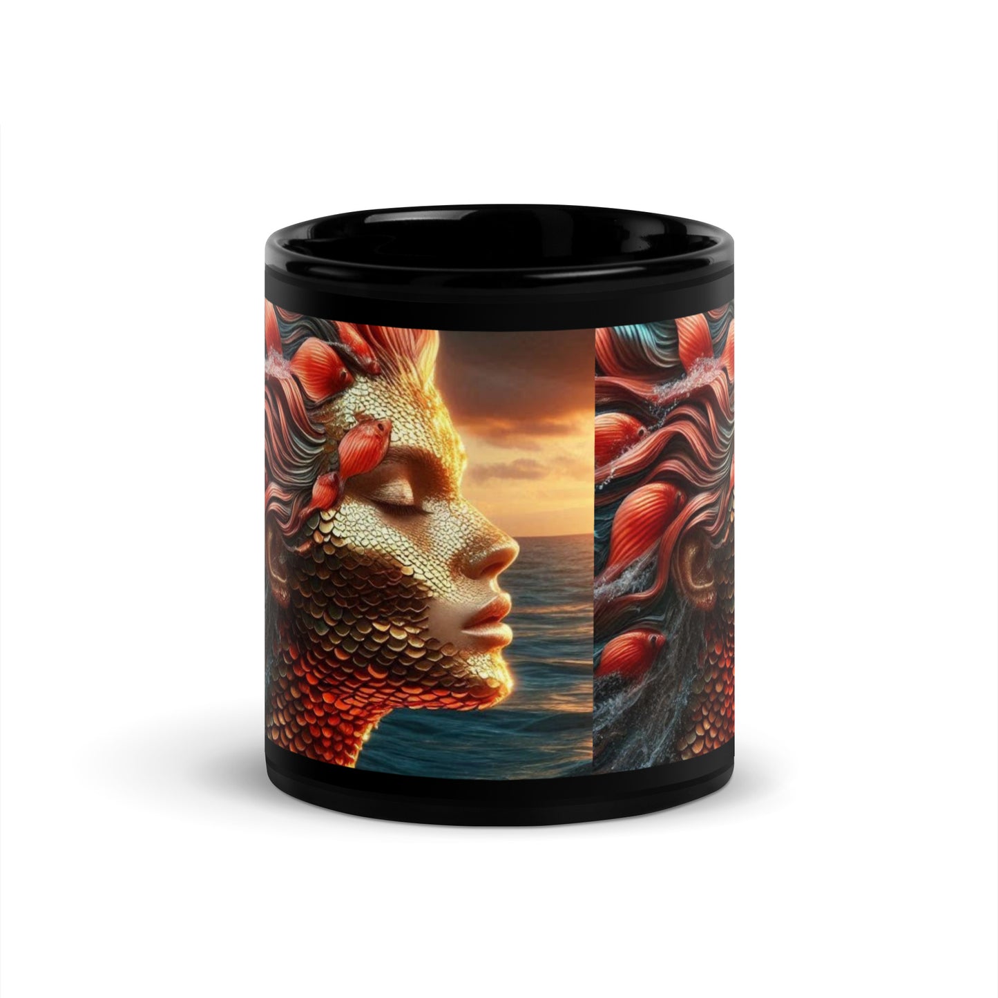 Fiery Ocean Goddess Black Glossy Mug