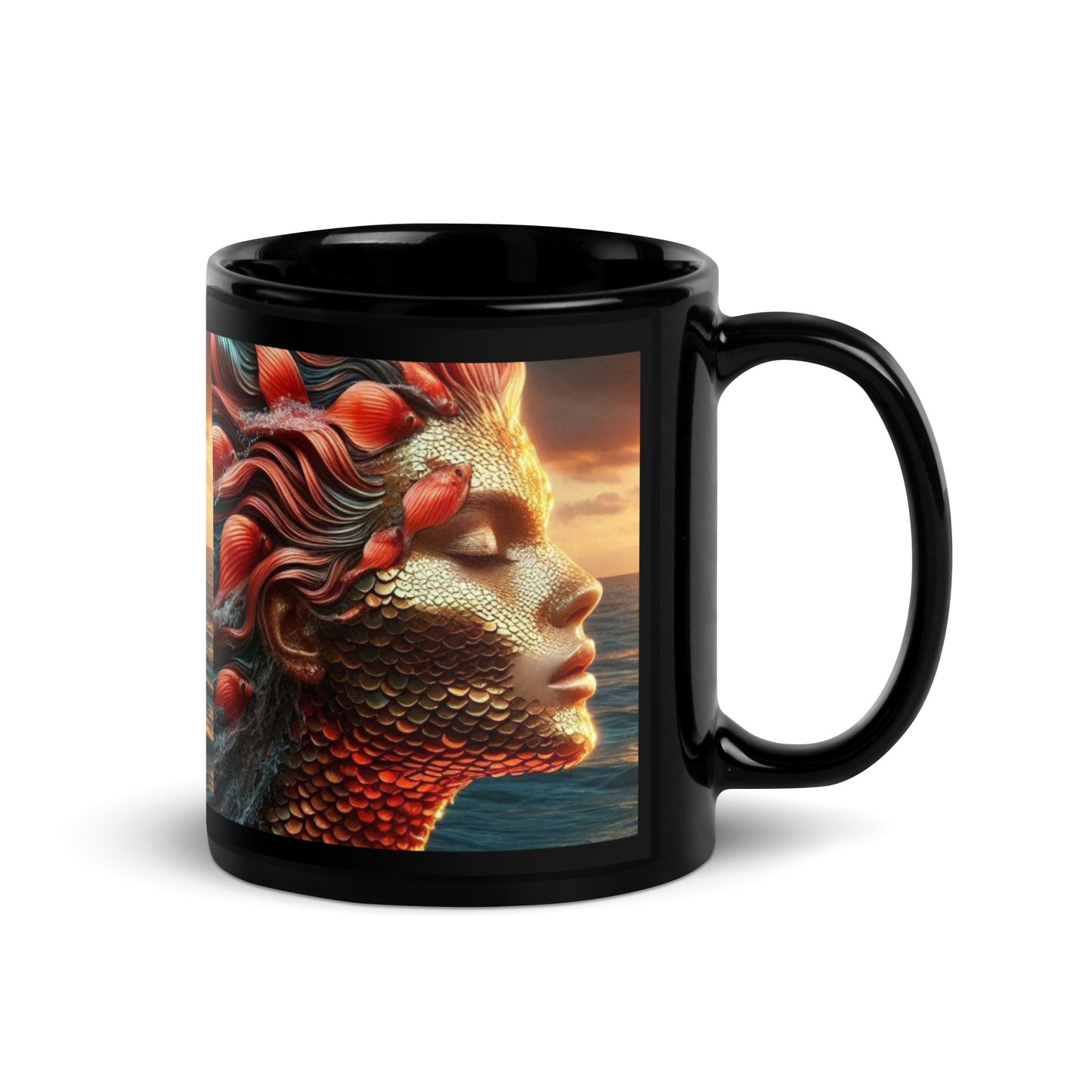 Fiery Ocean Goddess Black Glossy Mug