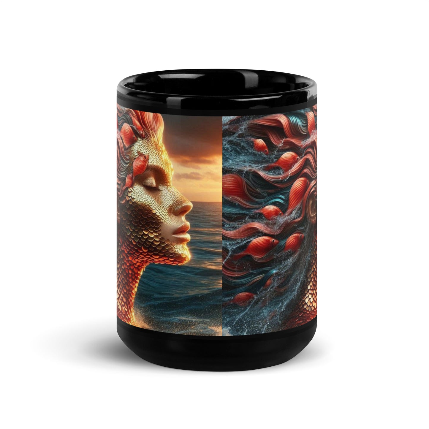 Fiery Ocean Goddess Black Glossy Mug