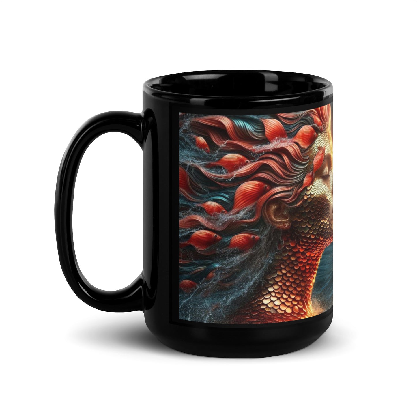 Fiery Ocean Goddess Black Glossy Mug