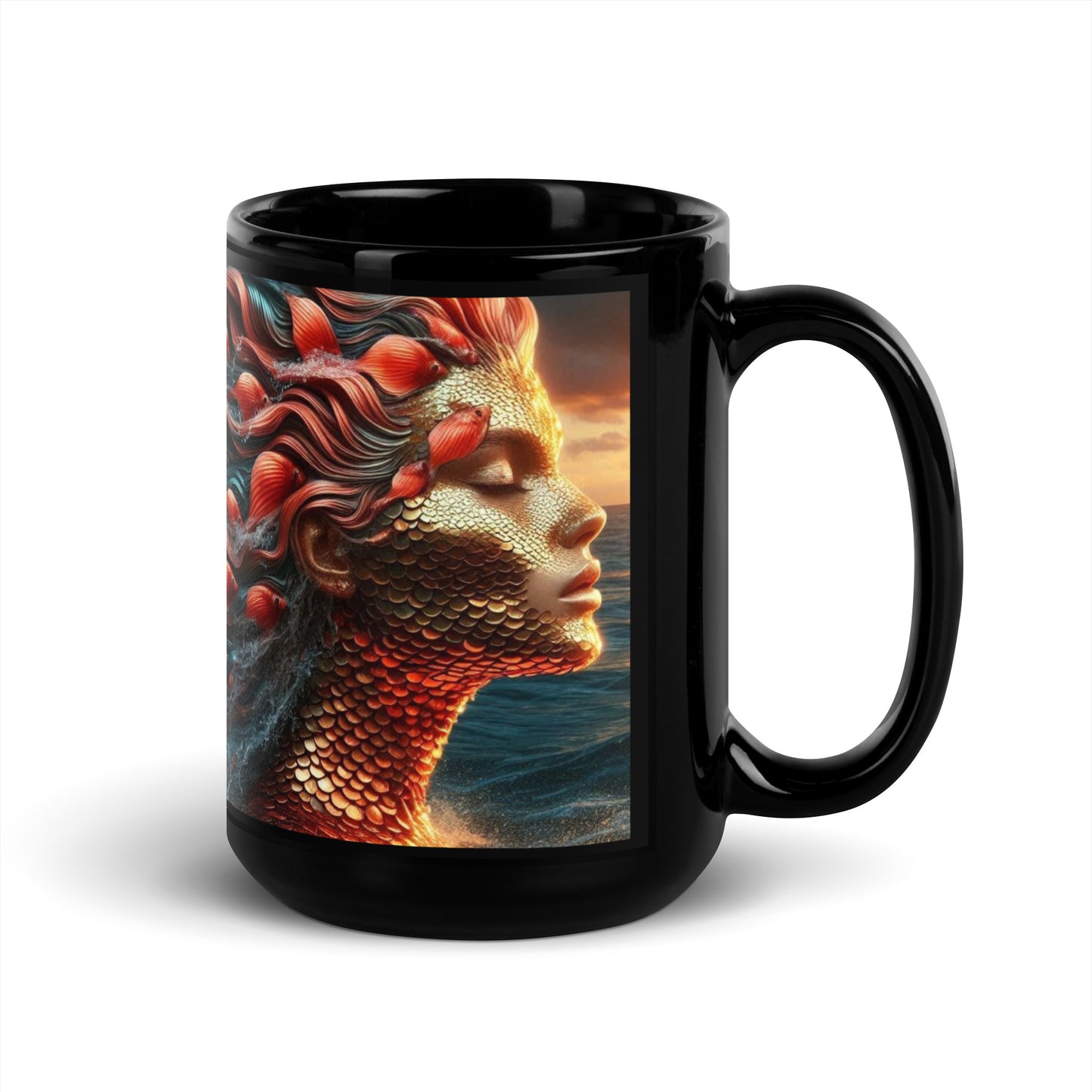 Fiery Ocean Goddess Black Glossy Mug